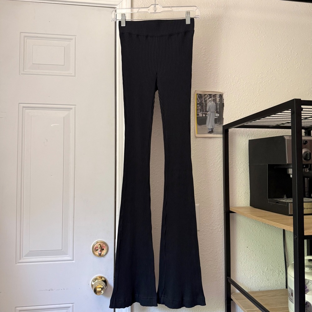 HELMUT LANG black chunk knit rib ribbed boot cut slim leg pull on pants